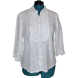 J. Jill Womens Med White Aqua Blue Paisley Linen 3/4 Sleeve Pintuck Tunic Shirt